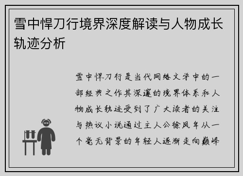 雪中悍刀行境界深度解读与人物成长轨迹分析