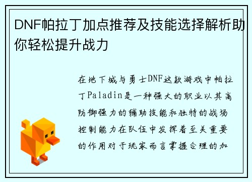 DNF帕拉丁加点推荐及技能选择解析助你轻松提升战力