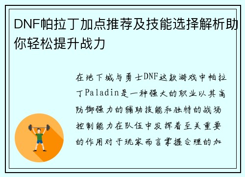 DNF帕拉丁加点推荐及技能选择解析助你轻松提升战力